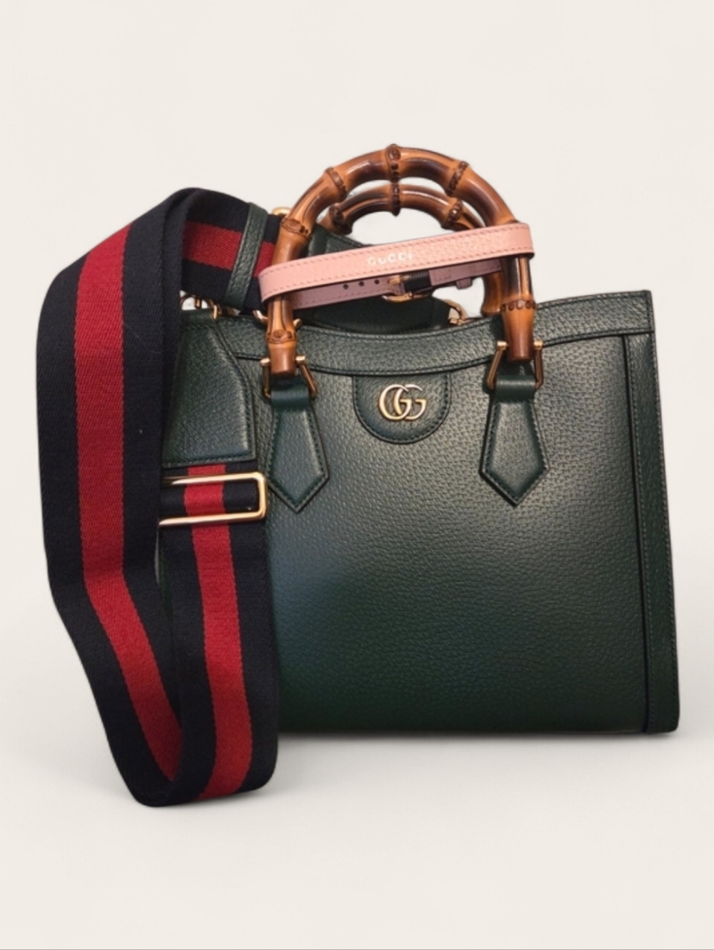 Gucci Diana Medium Green Leather Bamboo-Handle Tote with Red-Striped Web Strap